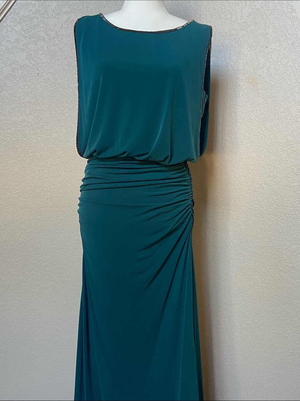 Chinese Laundry Teal Ruched Cocktail Dress with Metallic Beadwork, size 8